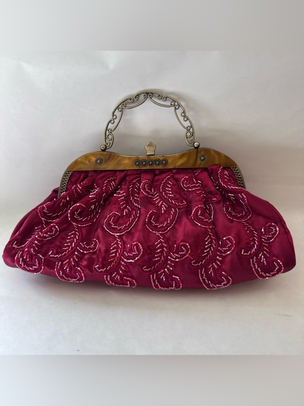 Vintage Dark Red Double Sided Beaded Purse Clutch Faux Tortoise Handle NO Chain